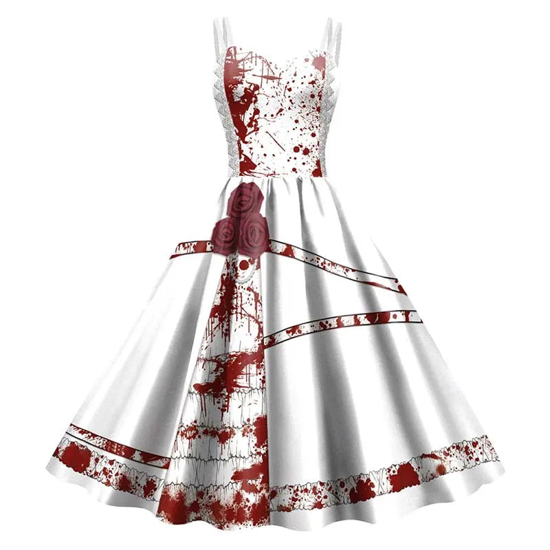 Gothic Rose & Skeleton Print Dress – Rockabilly Halloween Costume for Women | Thomler