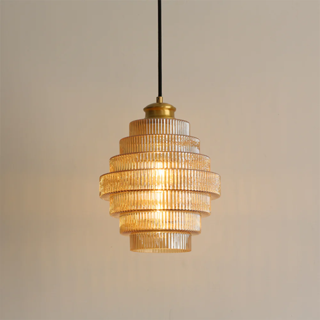 Pendant Light Ribbed Glass Brass Layered Shade Dining Room Kitchen Island Hanging Ceiling Lamp | Thomler