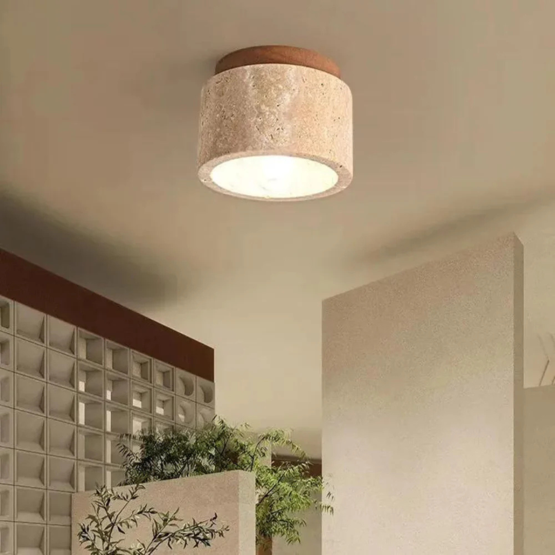 Plafondlamp Travertin Cilinder Met Houten Accent E27 12cm | Sansoti