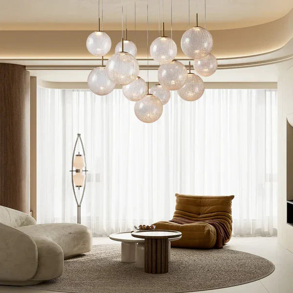 Adjustable Multi-Globe LED Spiral Chandelier 20-43 in Diameter Crackle or Matte Glass Brass Finish for Entryway & Dining Room | Thomler
