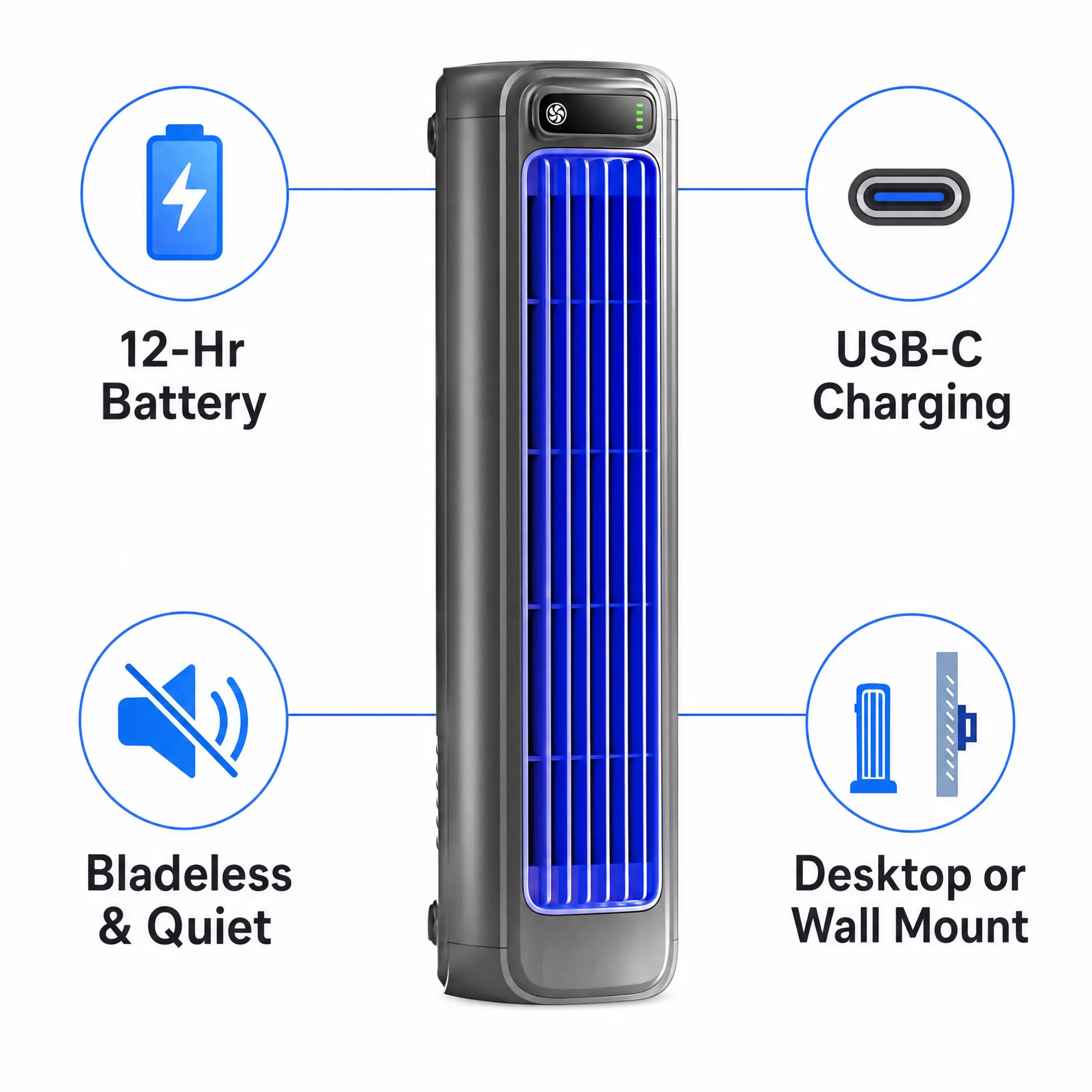 Rechargeable Cordless Personal Cooling Fan Tower with 12-Hour Battery Life – Bladeless Quiet Airflow, Desktop & Wall Mount, Lightweight for | Thomler