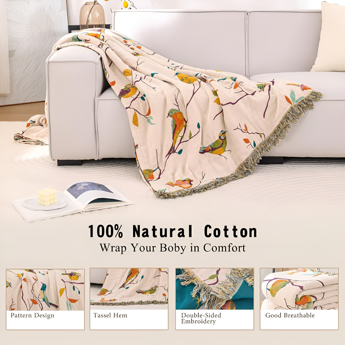 Woven Cotton Throw Blanket with Fringe Tassels & Avian Motif – Breathable, Lightweight Bed or Couch Cover for Boho Living Room, Guest | Thomler