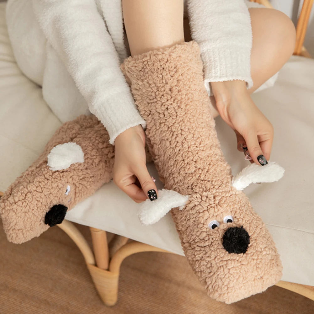 Plush Animal Socks with 3D Puppy Ears – Soft Fleece Winter Footwear for Women & Teens | Thomler