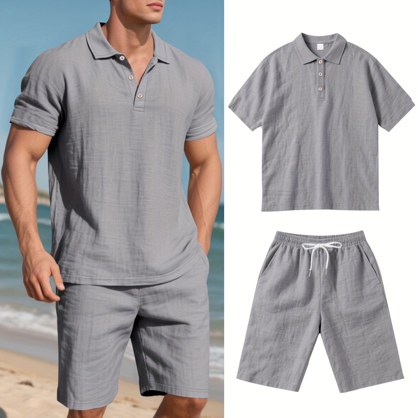 Men's Short-Sleeve Polo & Shorts Linen Set Summer Two-Piece Outfit Lightweight Breathable Casual Wear for Warm Weather | Thomler