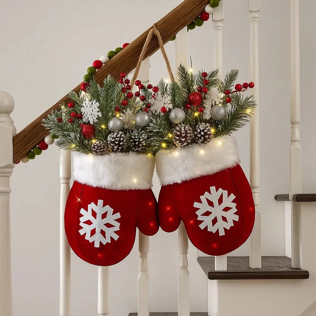 Illuminated Holiday Mitten Door & Stair Decoration with Pine & Berries | Thomler