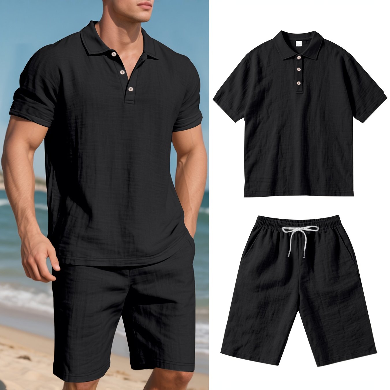 Men's Short-Sleeve Polo & Shorts Linen Set Summer Two-Piece Outfit Lightweight Breathable Casual Wear for Warm Weather | Thomler