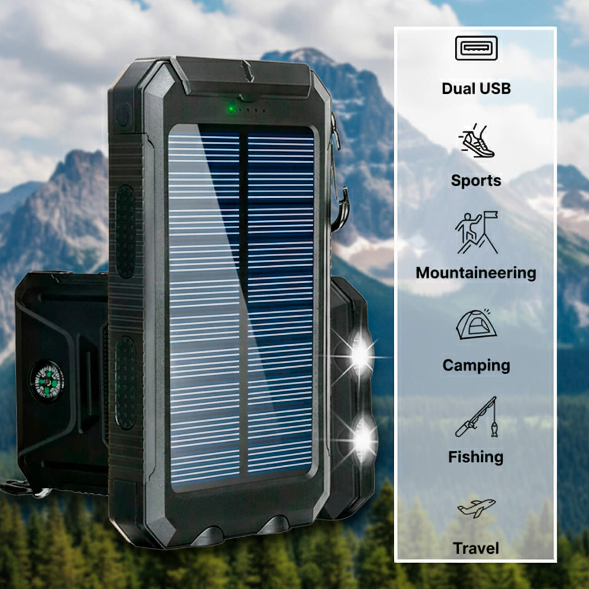 Power Bank Solar 500000mAh Dual USB Outdoor Camping Emergency Charger Waterproof Portable Battery Pack | Thomler