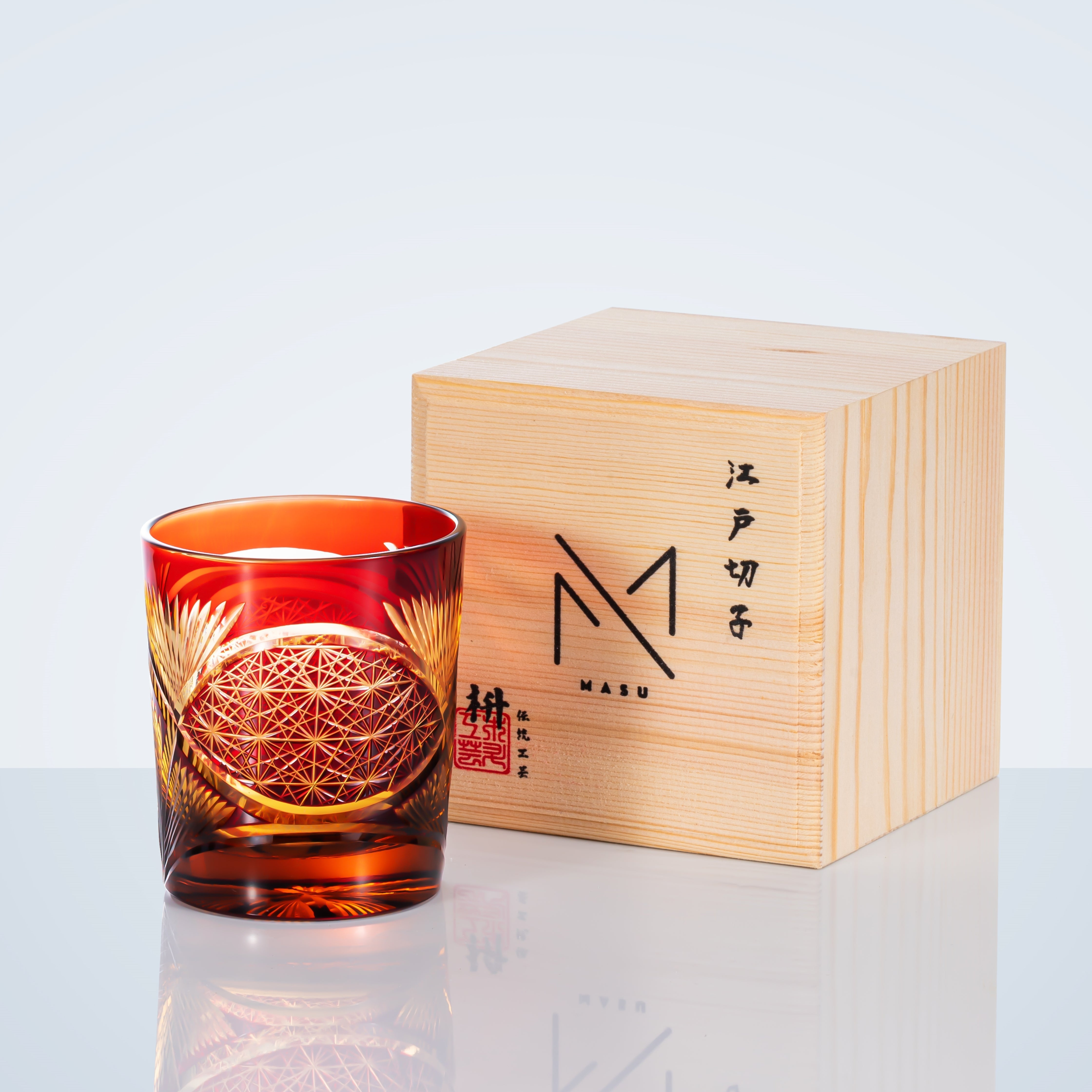 Whiskey Glass Crystal Amber Crane Feather Pattern Japanese Style Barware Gift Box | Thomler