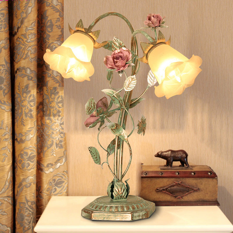 Vintage Metal Nightstand Lamp with Floral Glass Shade for Bedroom, Bedside Table Accent Light, Shabby Chic Cottage Décor | Thomler