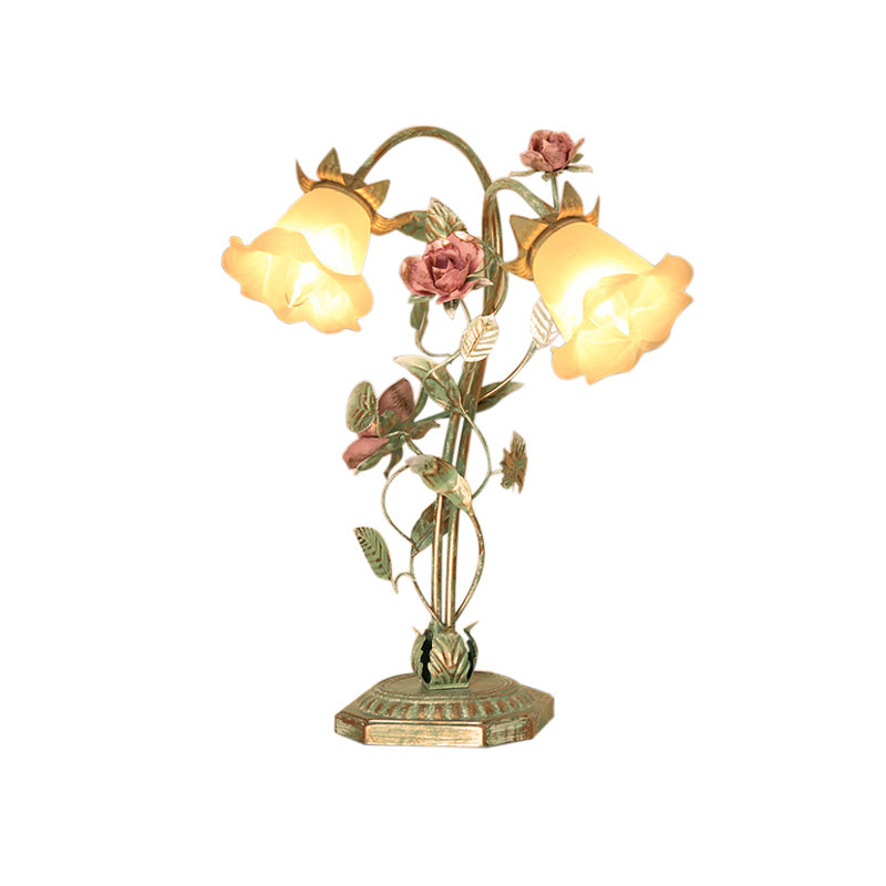 Vintage Metal Nightstand Lamp with Floral Glass Shade for Bedroom, Bedside Table Accent Light, Shabby Chic Cottage Décor | Thomler