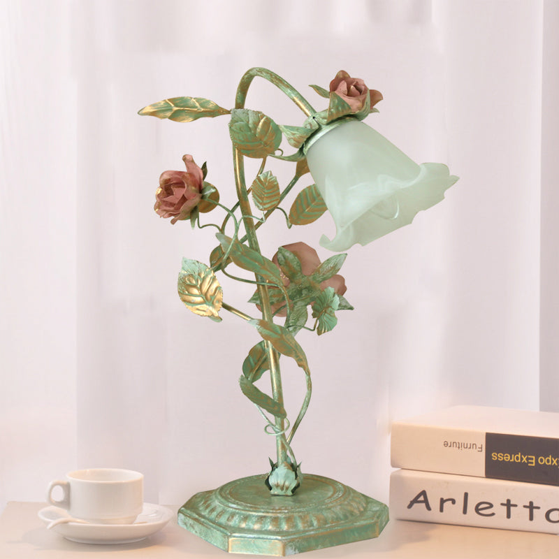 Vintage Metal Nightstand Lamp with Floral Glass Shade for Bedroom, Bedside Table Accent Light, Shabby Chic Cottage Décor | Thomler