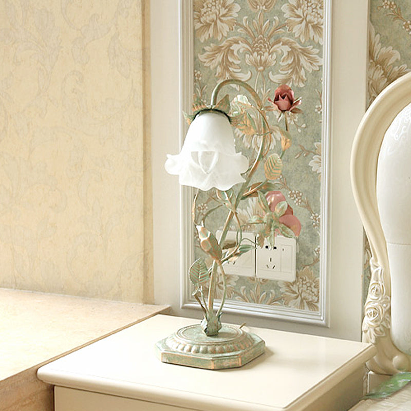 Vintage Metal Nightstand Lamp with Floral Glass Shade for Bedroom, Bedside Table Accent Light, Shabby Chic Cottage Décor | Thomler
