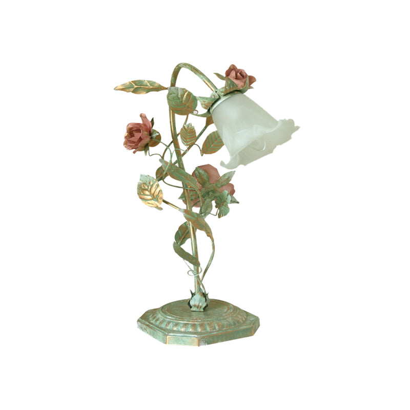 Vintage Metal Nightstand Lamp with Floral Glass Shade for Bedroom, Bedside Table Accent Light, Shabby Chic Cottage Décor | Thomler