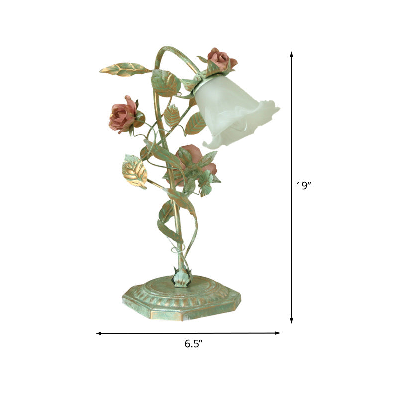 Vintage Metal Nightstand Lamp with Floral Glass Shade for Bedroom, Bedside Table Accent Light, Shabby Chic Cottage Décor | Thomler