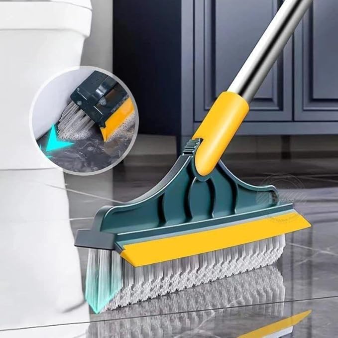 Rotating Head Bathroom Floor Scrubber with Squeegee for Tiles, Tubs & Grout – Long Handle Cleaning Tool for Corners & Tight Spaces | Thomler
