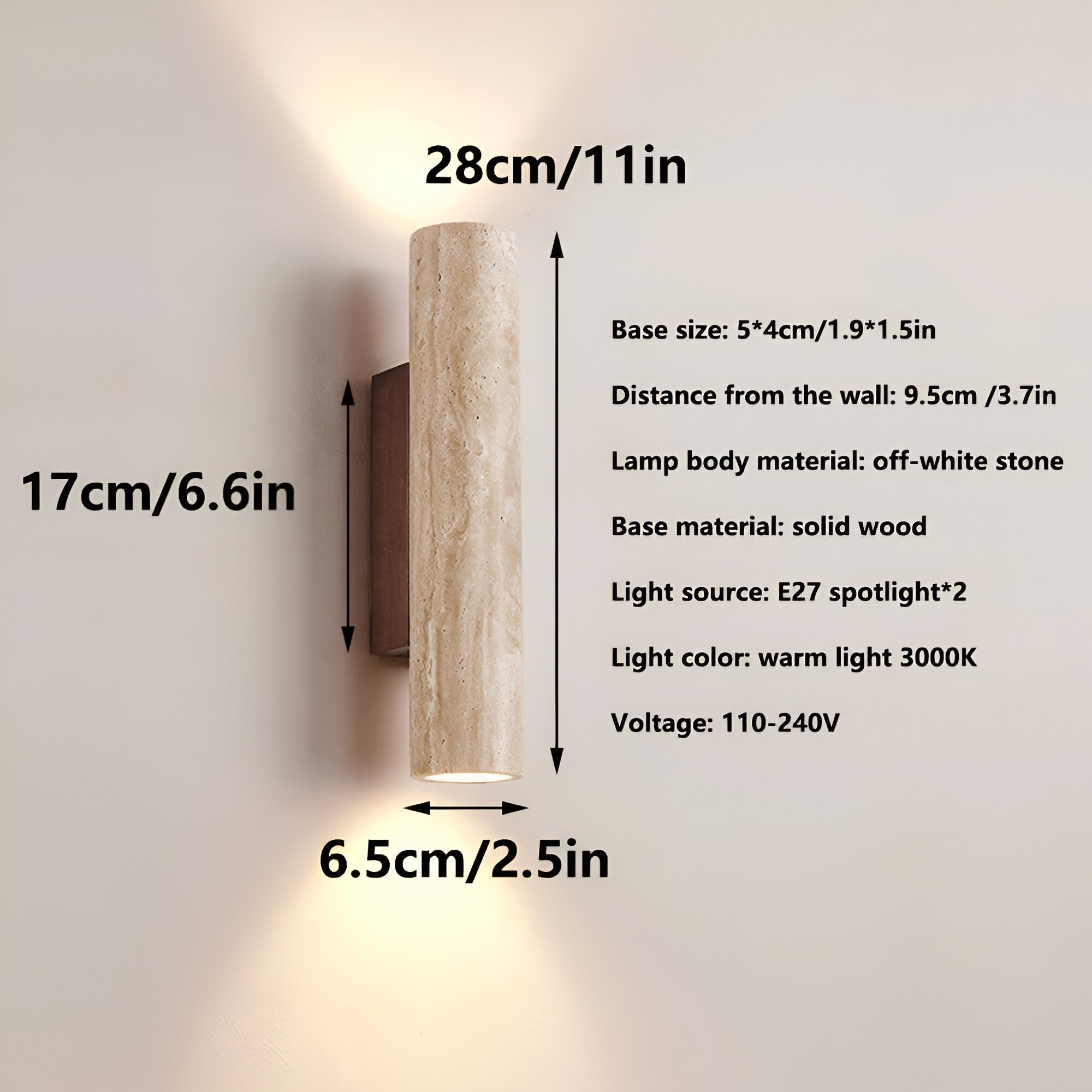 Wall Lamp Travertine Stone 12.6 in Up Down Bedroom Hallway Sconce Minimalist Natural Lighting Fixture | Thomler