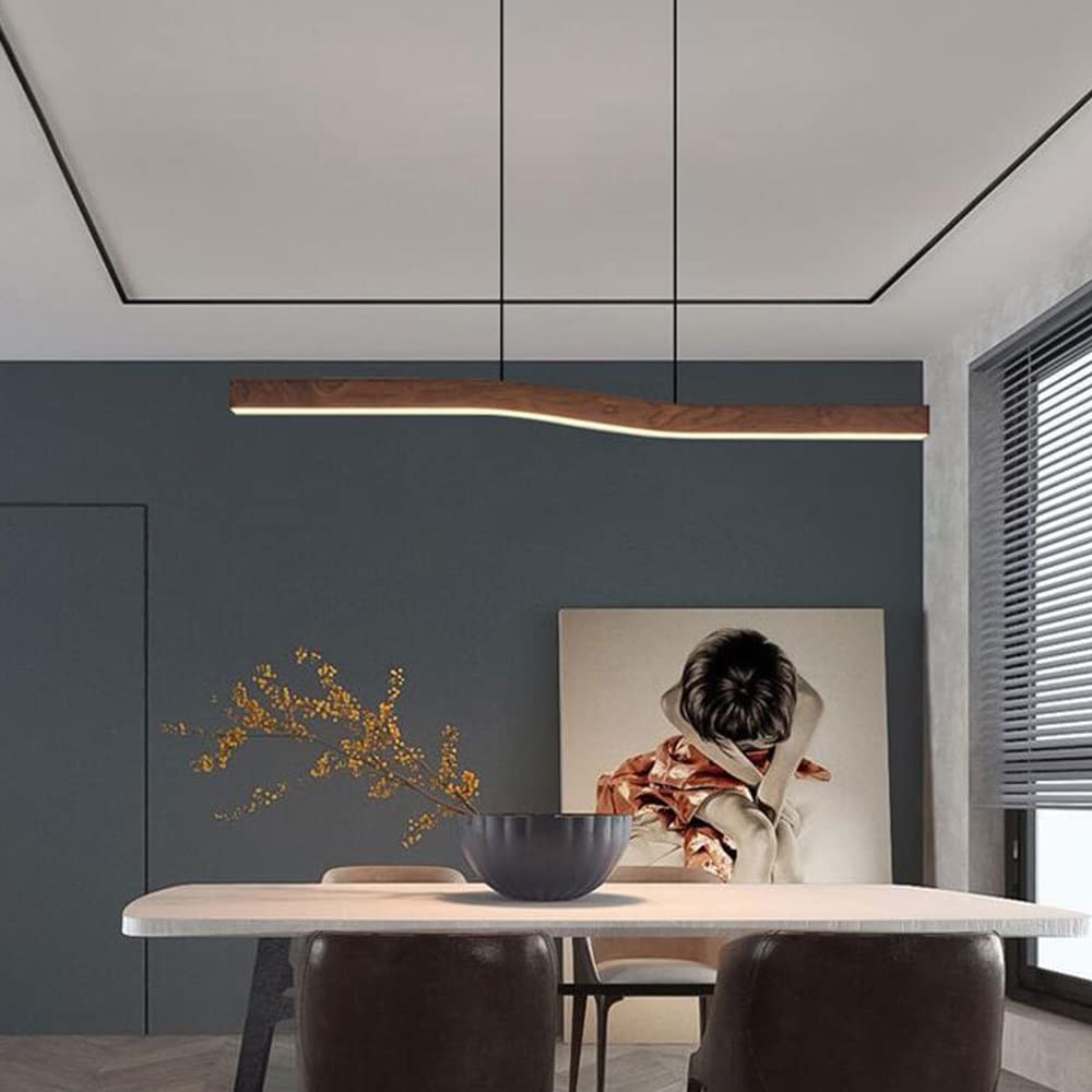 Modern Wave Pendant Light with Walnut-Finish Metal Frame & Dimmable LED for Dining Room Kitchen | Thomler