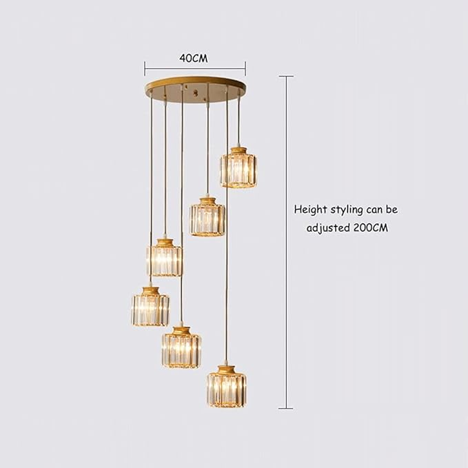 Cascading Faceted Glass Stairwell Fixture – Adjustable Height Multi-Pendant with Iron Canopy for Open Entryways & Two-Story Ceilings | Thomler