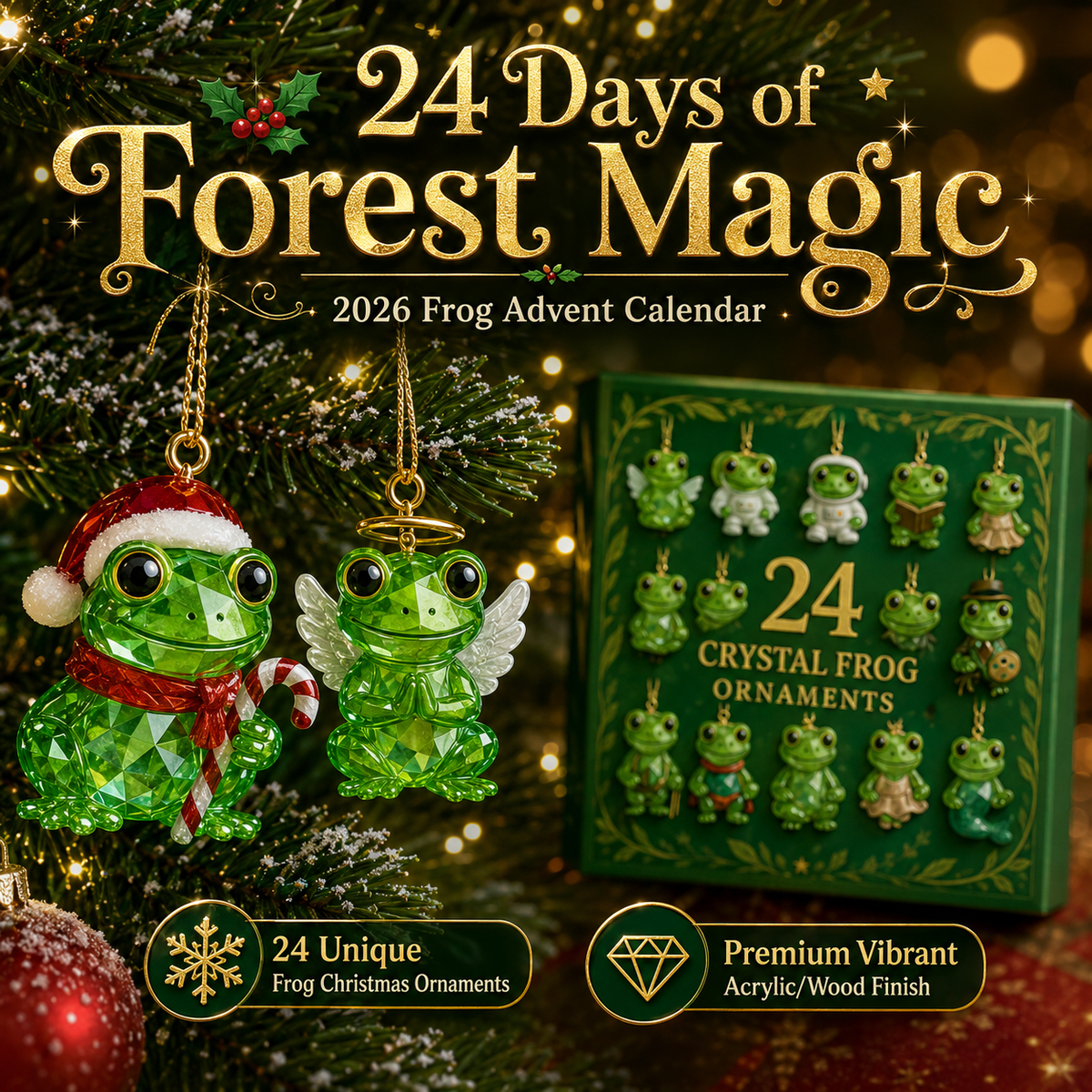 Crystal Frog Ornament Advent Calendar – 24 Miniature Collectible Charms for Christmas Countdown & Year-Round Display | Thomler
