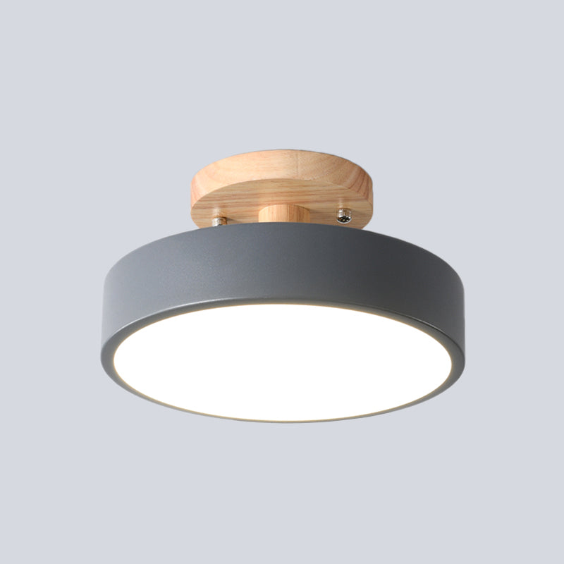 Modern LED Ceiling Light 8-Inch Drum with Wood Accent for Hallways Bedrooms Living Rooms Semi-Flush Mount Metal Fixture Nordic Style | Thomler