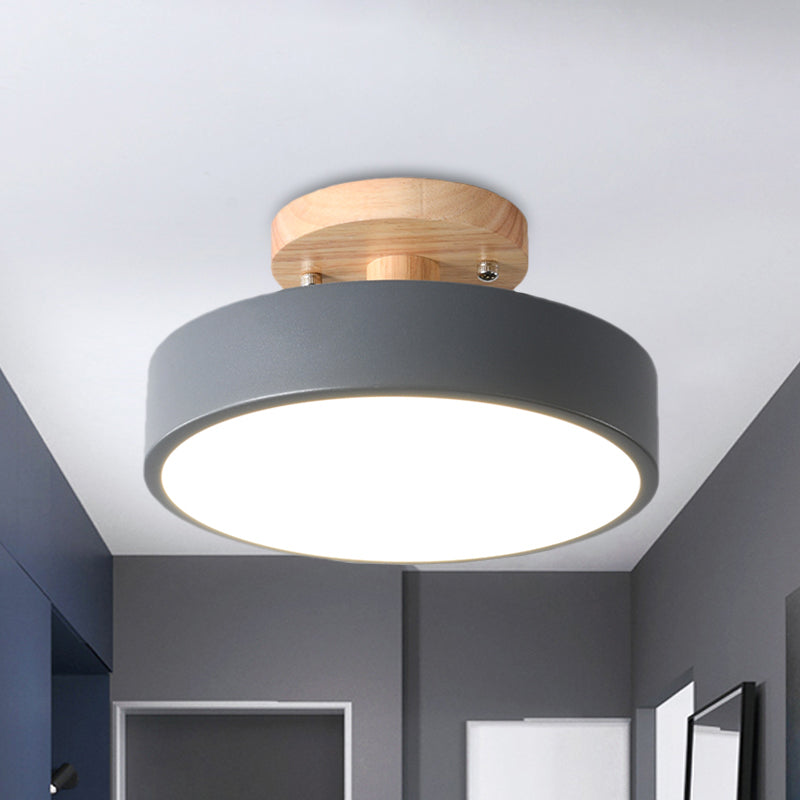 Modern LED Ceiling Light 8-Inch Drum with Wood Accent for Hallways Bedrooms Living Rooms Semi-Flush Mount Metal Fixture Nordic Style | Thomler