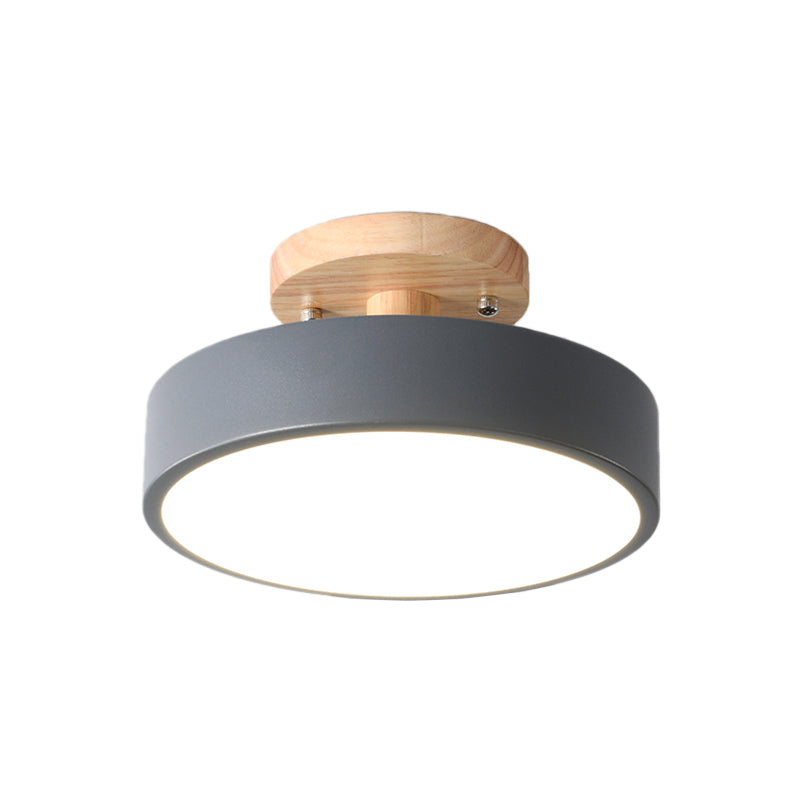 Modern LED Ceiling Light 8-Inch Drum with Wood Accent for Hallways Bedrooms Living Rooms Semi-Flush Mount Metal Fixture Nordic Style | Thomler
