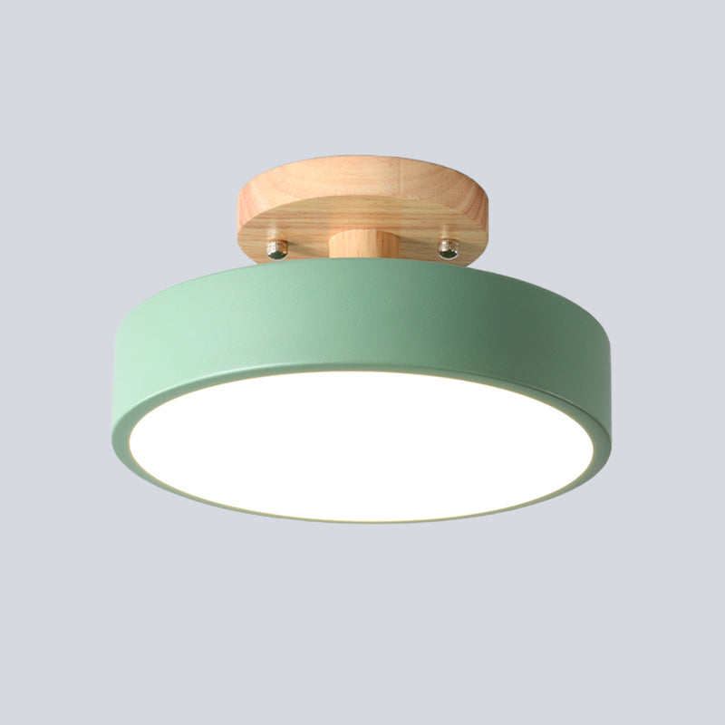 Modern LED Ceiling Light 8-Inch Drum with Wood Accent for Hallways Bedrooms Living Rooms Semi-Flush Mount Metal Fixture Nordic Style | Thomler