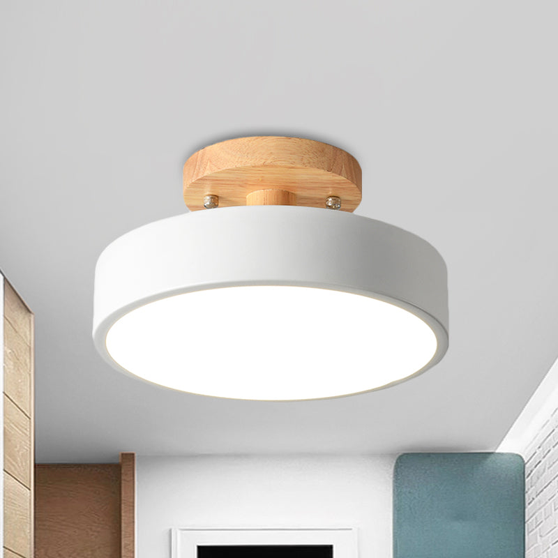 Modern LED Ceiling Light 8-Inch Drum with Wood Accent for Hallways Bedrooms Living Rooms Semi-Flush Mount Metal Fixture Nordic Style | Thomler