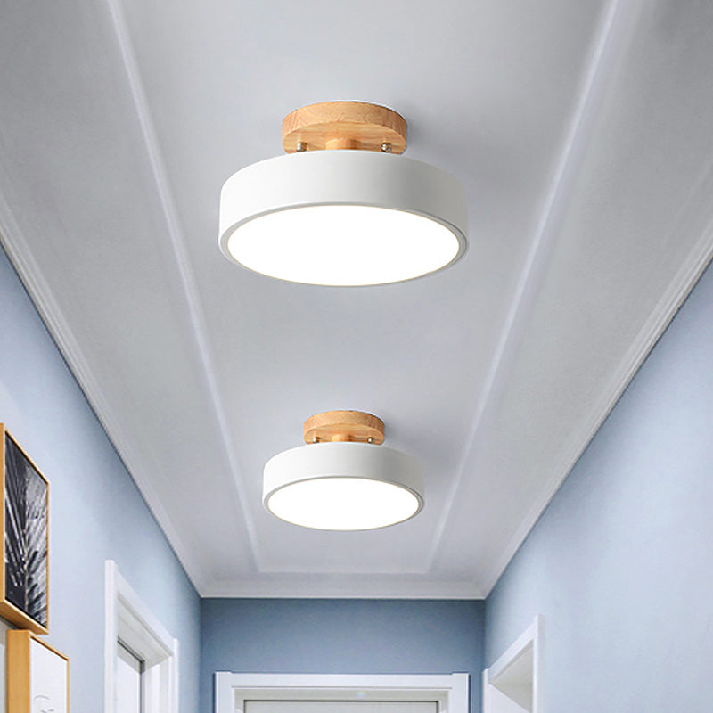 Modern LED Ceiling Light 8-Inch Drum with Wood Accent for Hallways Bedrooms Living Rooms Semi-Flush Mount Metal Fixture Nordic Style | Thomler