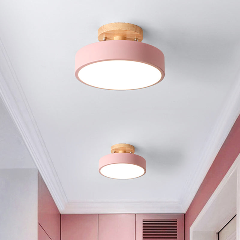 Modern LED Ceiling Light 8-Inch Drum with Wood Accent for Hallways Bedrooms Living Rooms Semi-Flush Mount Metal Fixture Nordic Style | Thomler