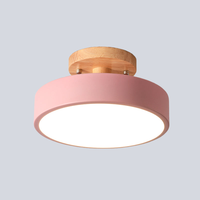 Modern LED Ceiling Light 8-Inch Drum with Wood Accent for Hallways Bedrooms Living Rooms Semi-Flush Mount Metal Fixture Nordic Style | Thomler