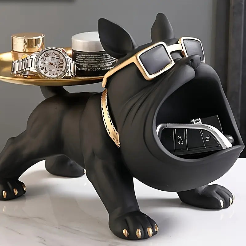 Cool Bulldog Desk Caddy – Resin Figurine with Storage Tray for Keys, Remotes & Trinkets | Fun Animal Sculpture Organizer for Office | Thomler