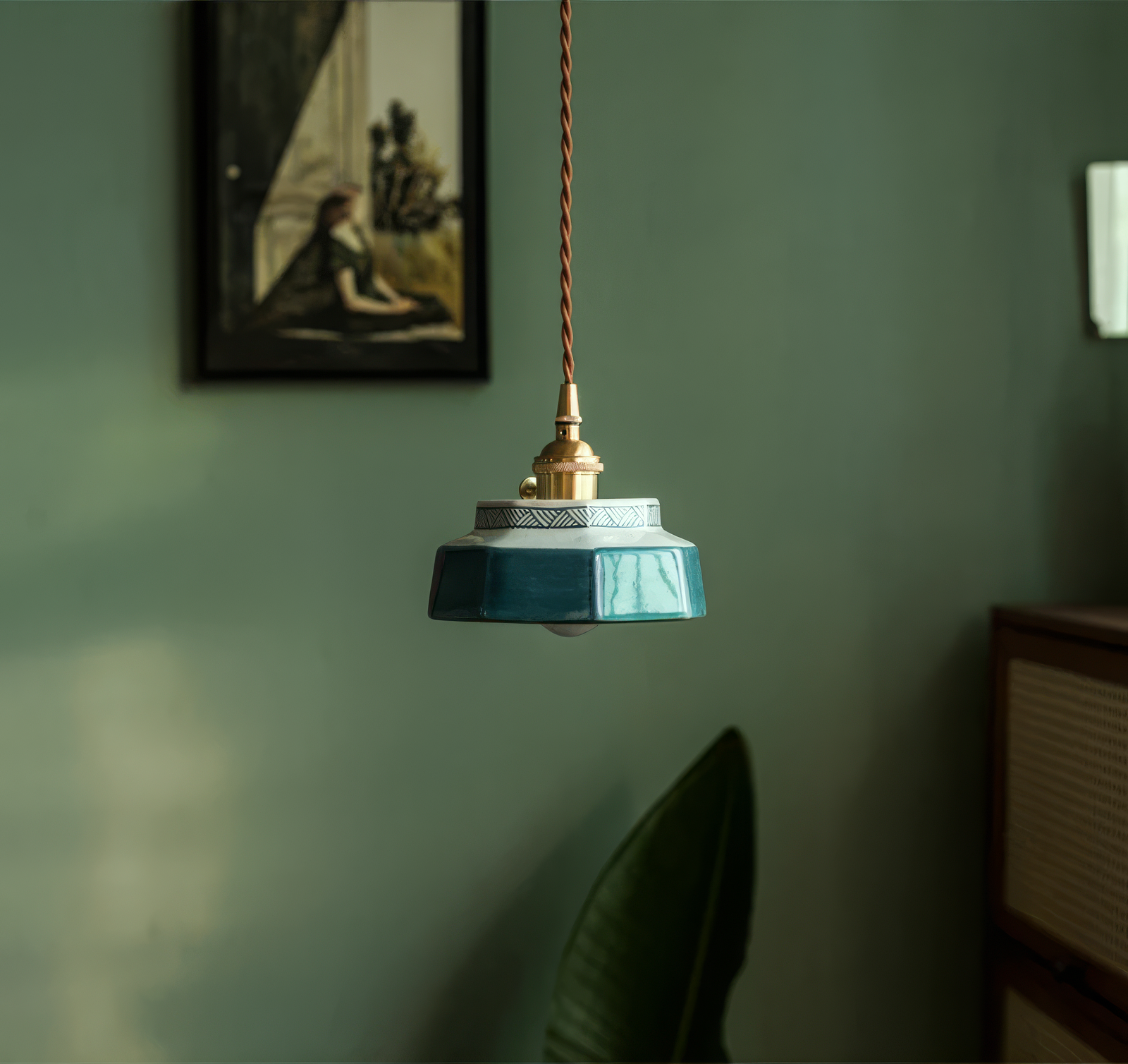 Ceramic Hanging Lamp with Hand-Painted Design & Copper Socket for Kitchen Island, Dining Room, Bedroom & Cafe | Scandinavian Style Fixture | Thomler