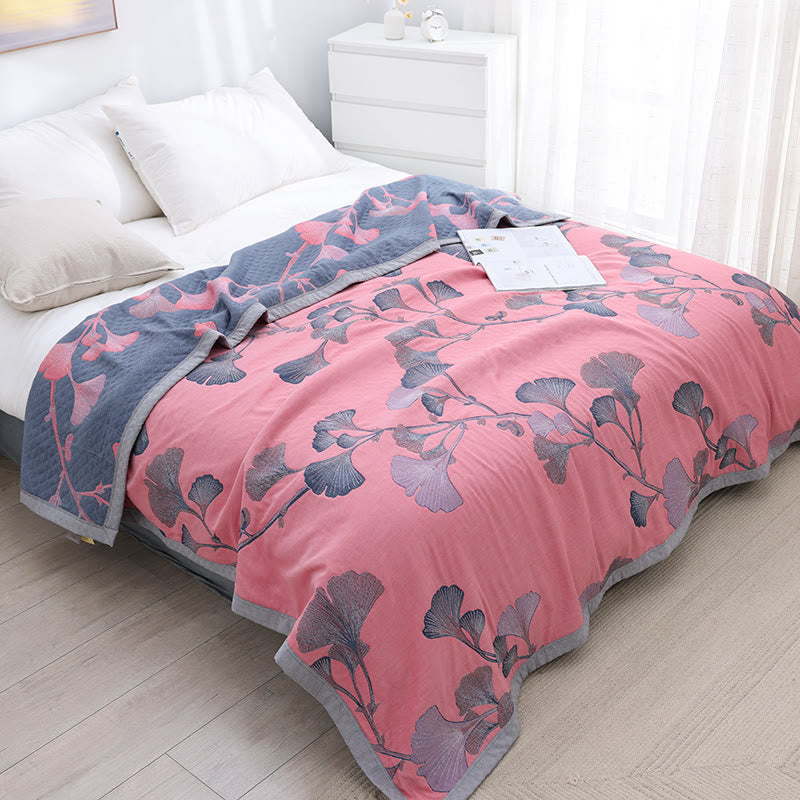 Reversible Cotton Gauze Quilt with Ginkgo Leaf Pattern – Lightweight Jacquard Bedspread for Summer & Air Conditioning – Eco-Friendly | Thomler