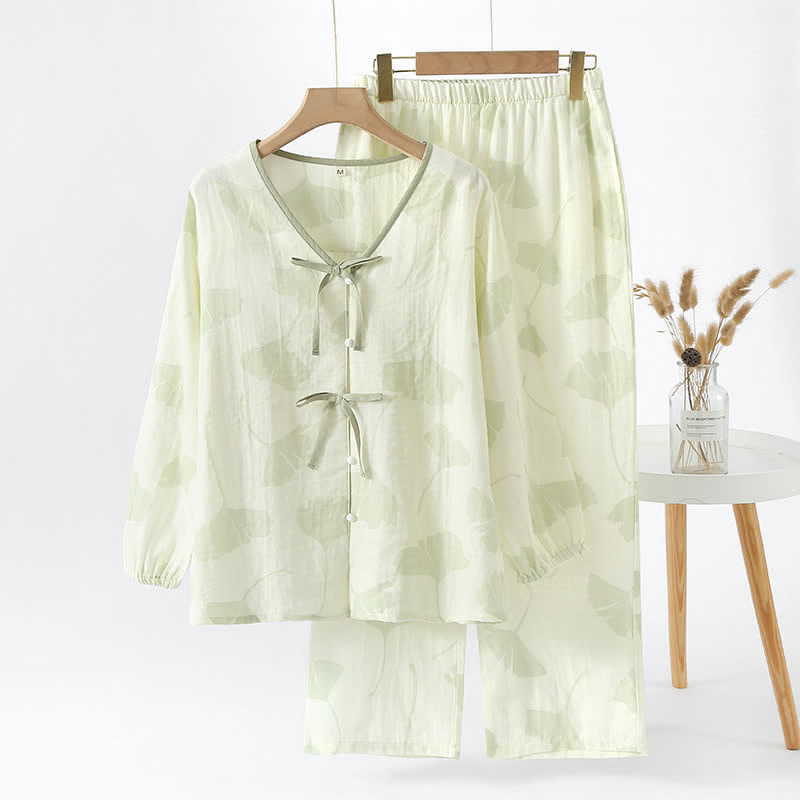 Women's Cotton Pajama Set with Ginkgo Leaf Print and Bow Tie Detail for Lounging at Home | Thomler
