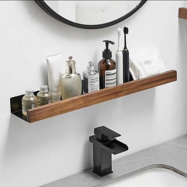Wall Shelf Solid Wood Drill Free Bathroom Kitchen Storage Organiser Self Adhesive Space Saving Rack Minimalist Wall Mounted | Thomler