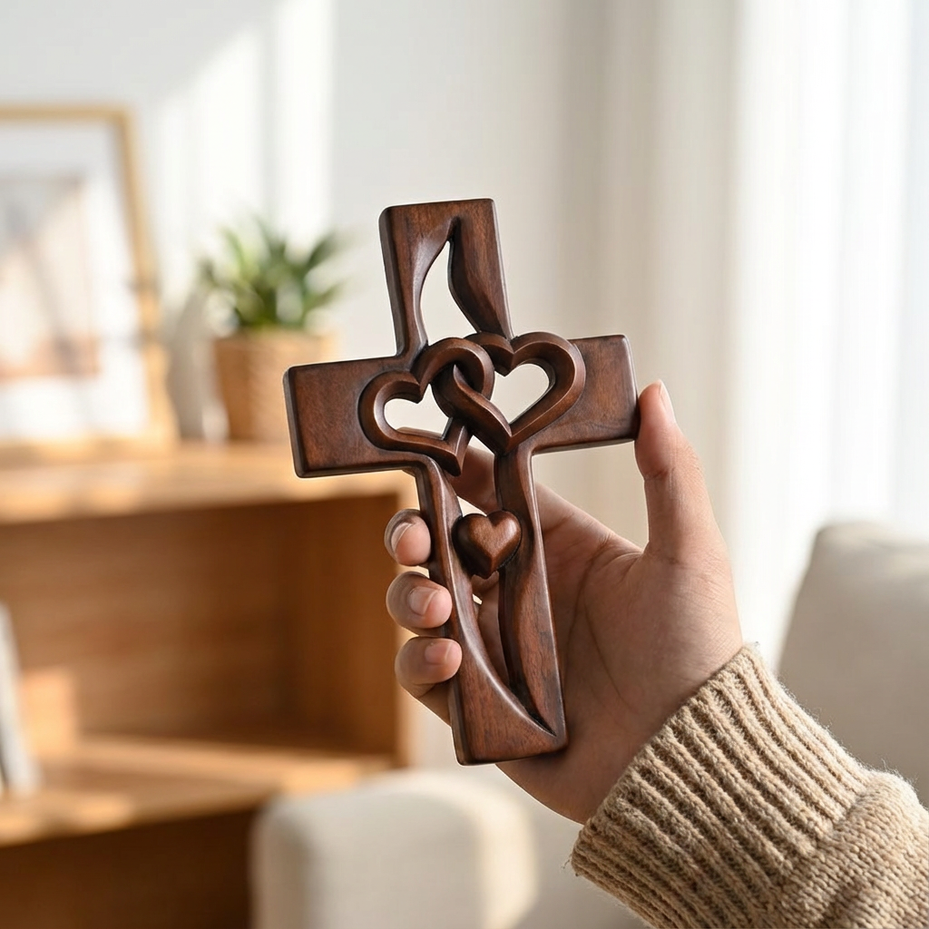 Wooden Cross Wall Art with Dual Hearts for Living Room Bedroom Entryway Faith Decor Handcrafted Religious Symbol | Thomler