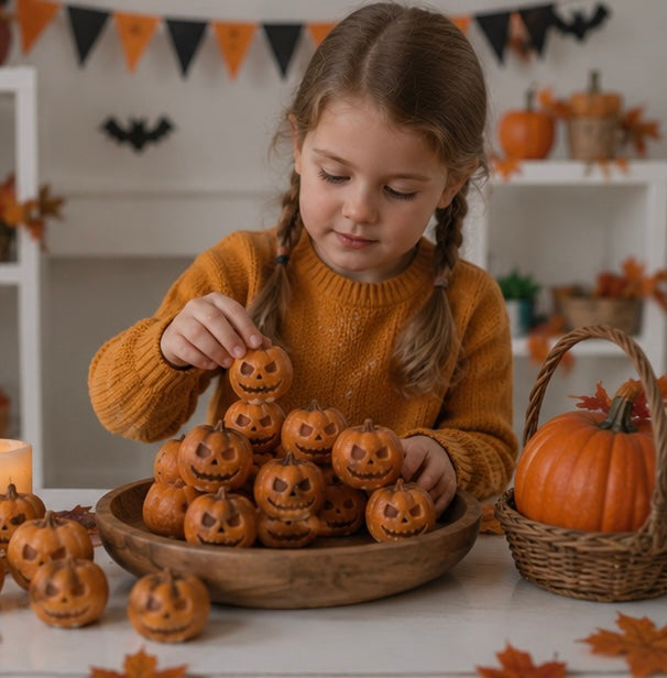 Tiny Jack-o'-Lantern Figures — Orange Resin Grinning Pumpkin Accents for Seasonal Tablescapes, Fairy Gardens & Festive Halloween Craft | Thomler