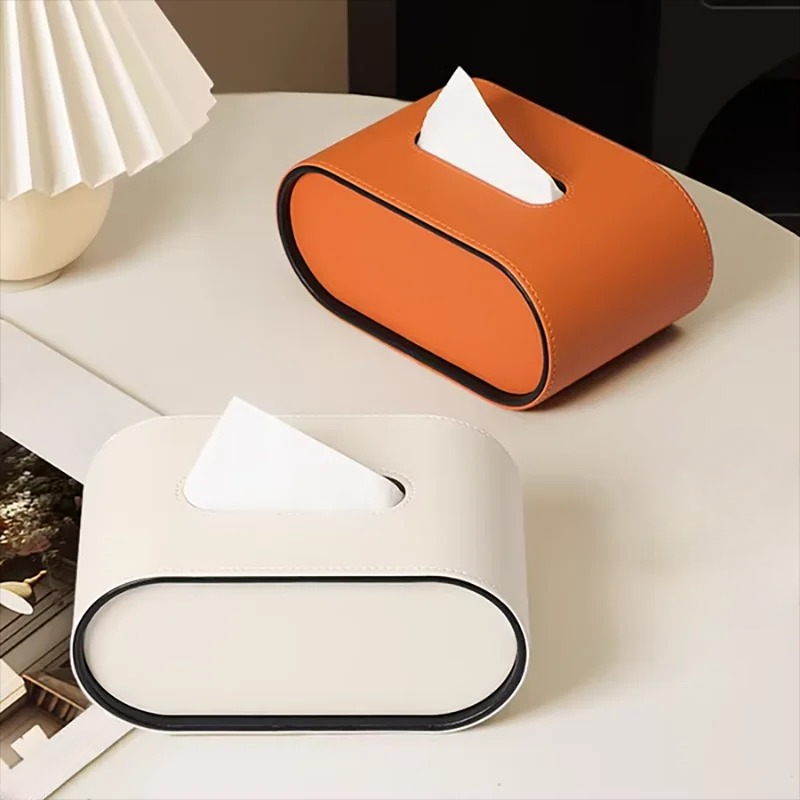 Tissue Box Leather 22.0 cm Orange Oval Desk Living Room Tissue Holder Decorative Napkin Cover Organiser | Thomler