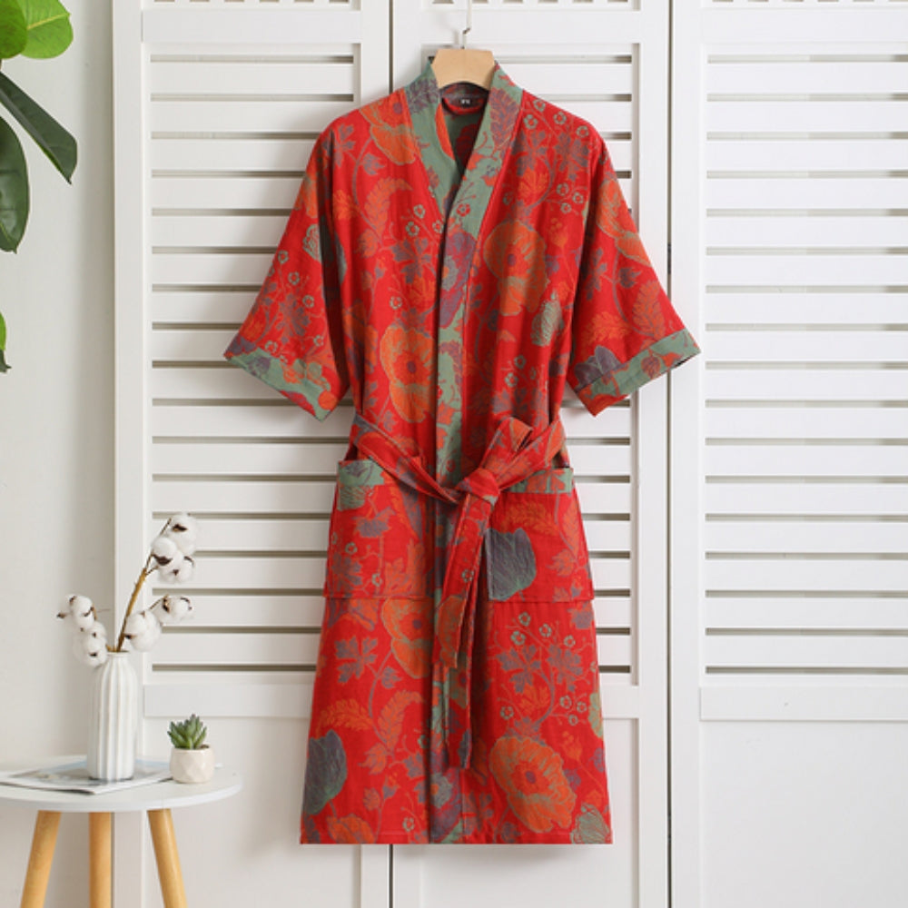 Cotton Gauze Robe with Vintage Print – Lightweight Breathable Loungewear for Women | Soft Double-Layer Spa Robe for Home Relaxation | Thomler