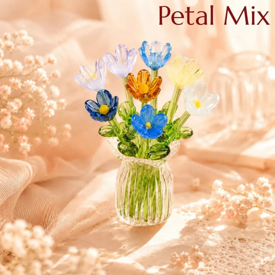 Handblown Glass Flower Display – 7-Bloom Arrangement with Mini Vase – Forever Florals for Shelves & Tabletops | Thomler