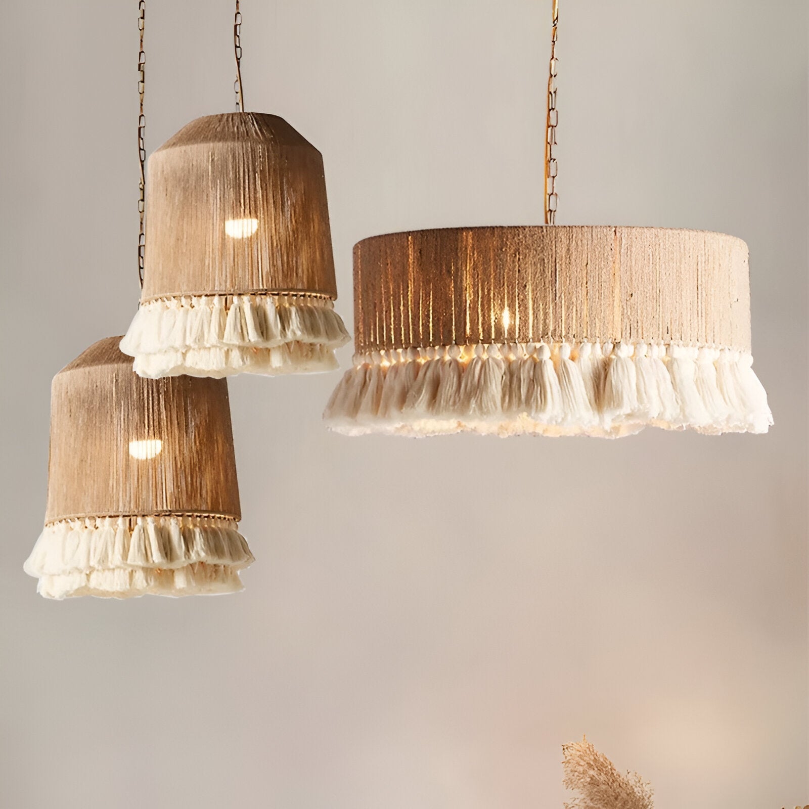 Pendant Light Hemp Rope 19.7 in Bohemian Beige Dining Room Bedroom Tassel Hanging Ceiling Lamp Woven Fabric Shade Ambient Lighting | Thomler