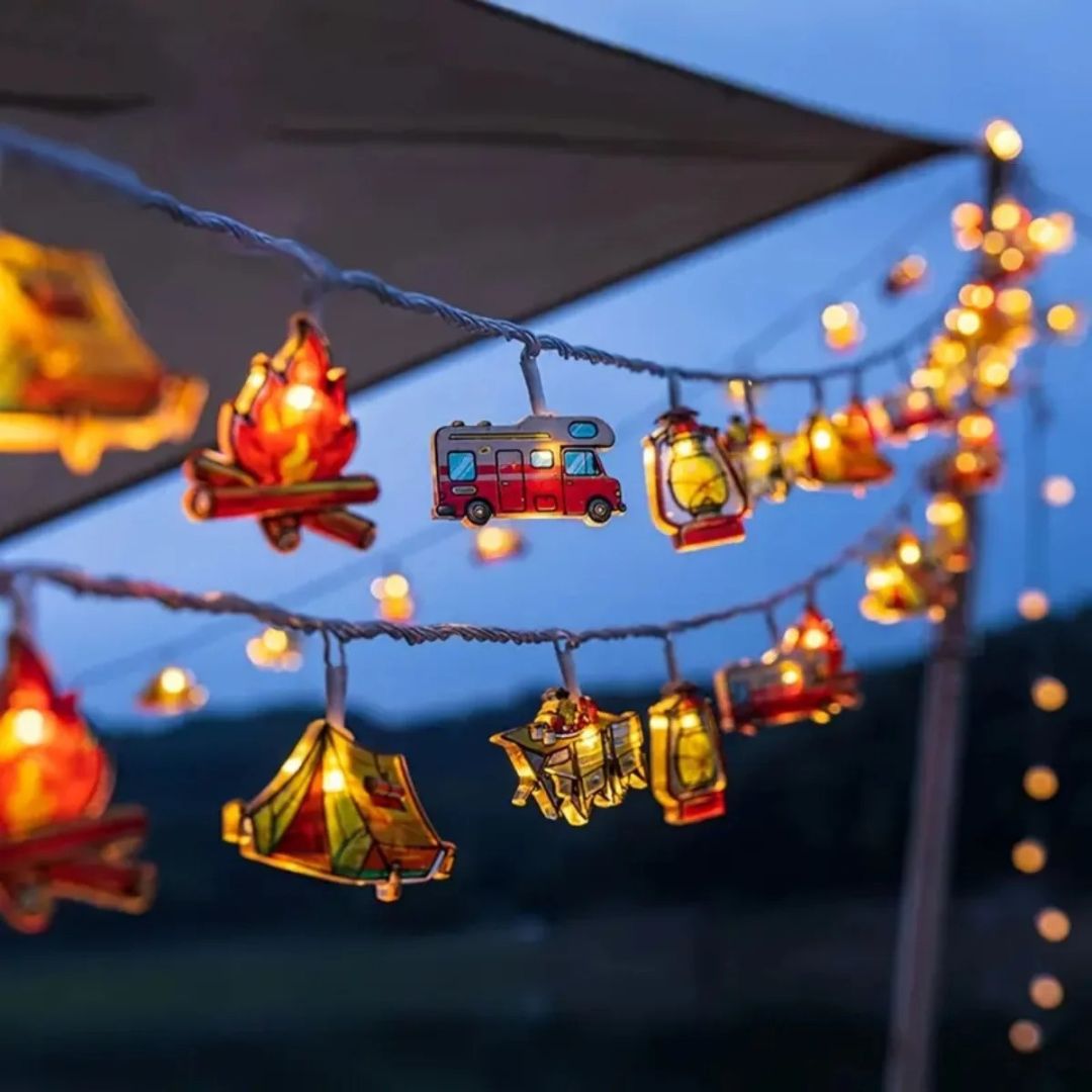 Camping-Themed LED Fairy Lights – Battery-Powered Indoor Outdoor String Lights with Tent, Campfire & Lantern Icons for Patio, Backyard & | Thomler