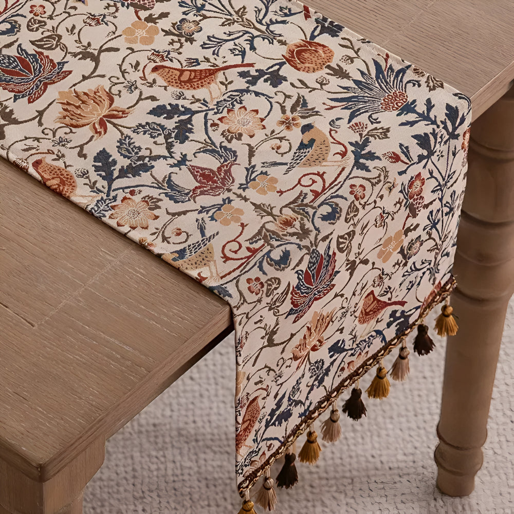 Woven Jacquard Table Runner with Tassels - Floral Bird Pattern for Dining & Coffee Tables - Vintage Countryside Design - Tassel Trim | Thomler