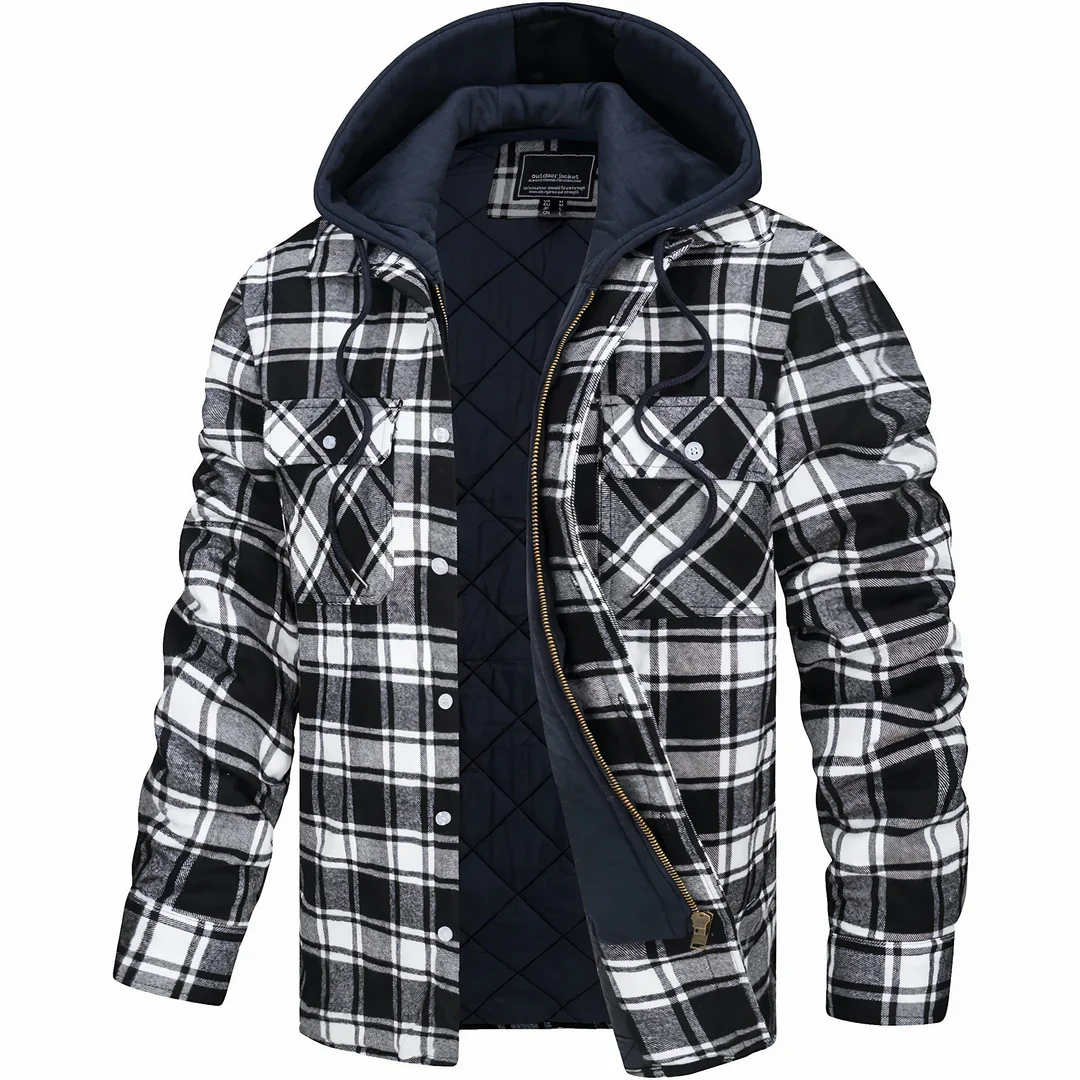 Quilted Plaid Flannel Shirt Jacket with Removable Hood for Men – Button Front & Zip Closure | Thomler