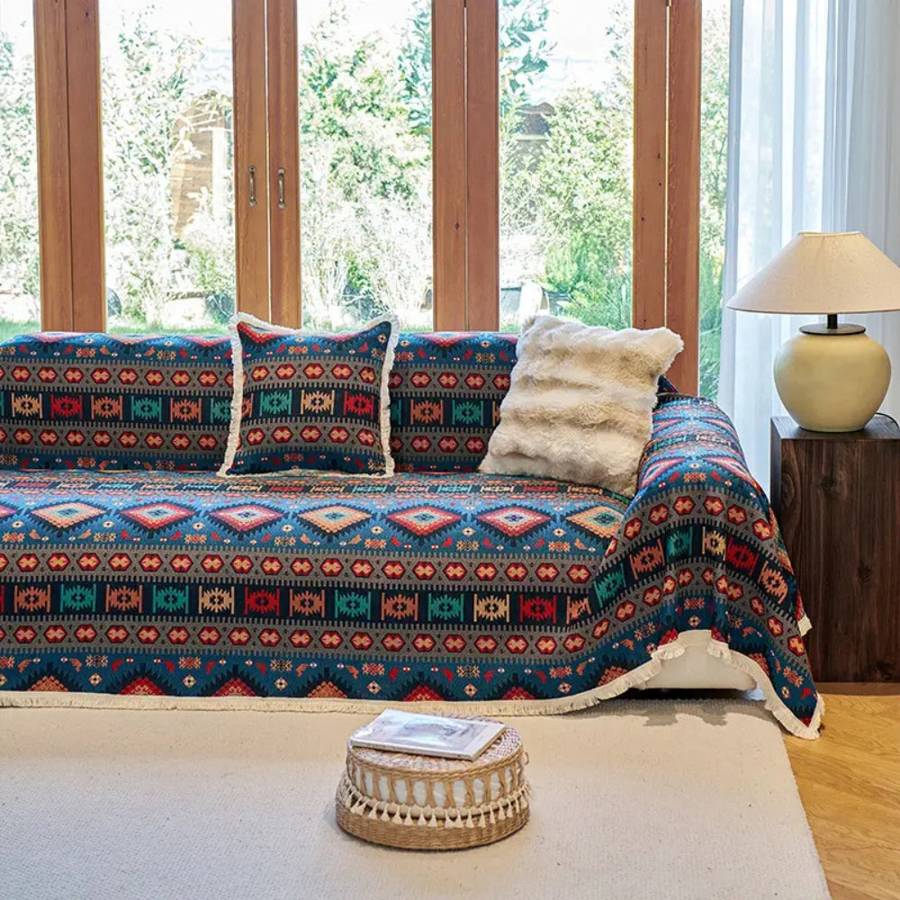 Geometric Throw Blanket for Sofa – Woven Cotton Chenille Couch Cover with Bohemian Pattern for Living Room Furniture | Thomler