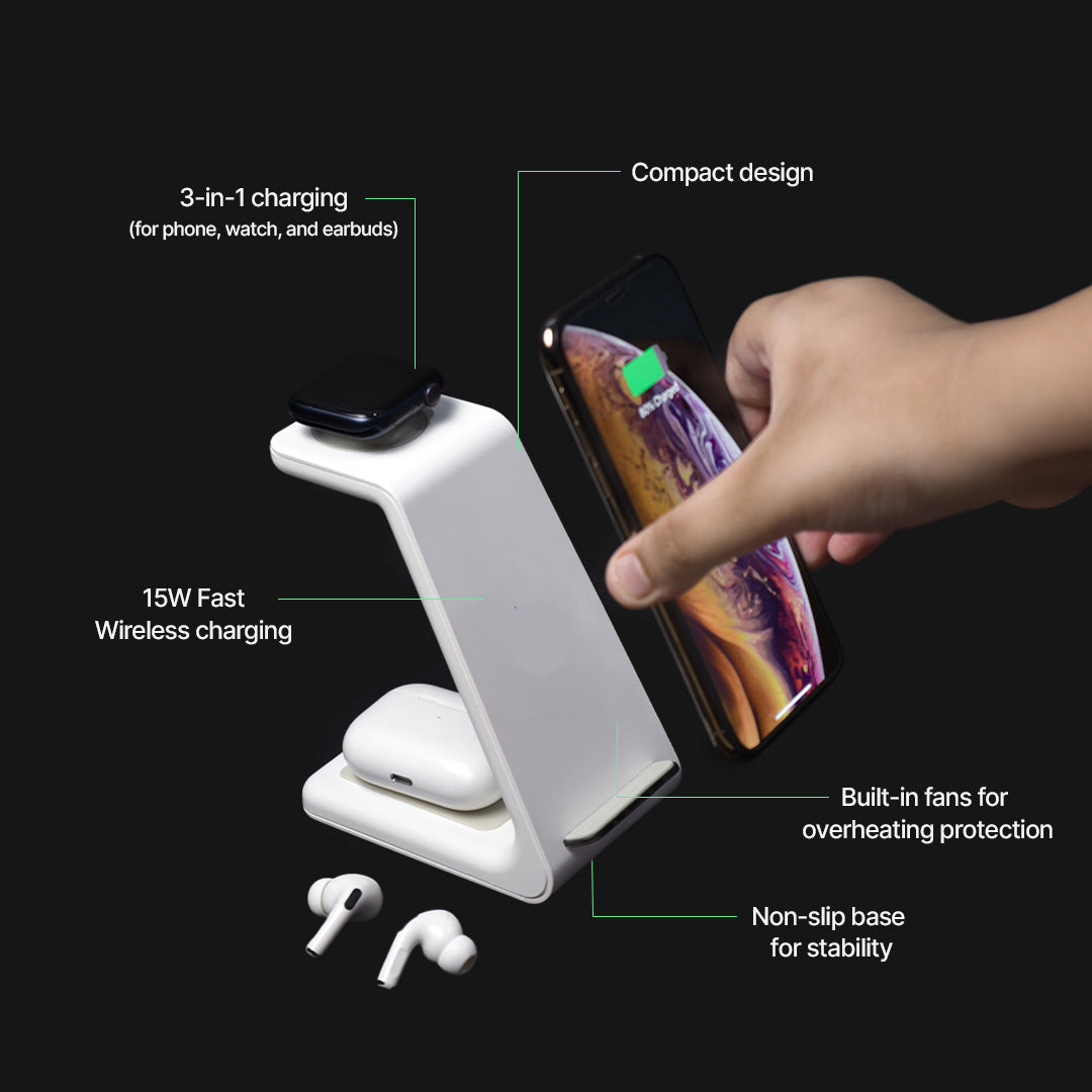 Multi-Device Qi Charging Dock – Power Up to 3 Gadgets Simultaneously | Fast 15W Wireless Charger for Phone, Watch & Earbuds | Thomler