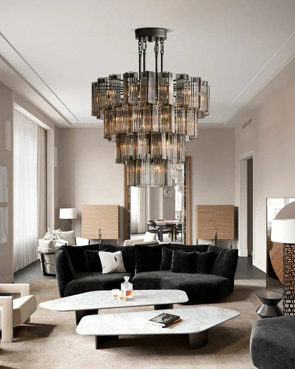 Circular Glass Panel Statement Chandelier 38-60 Inch Multi-Light Fixture for Dining Room Foyer High Ceiling Steel Frame Hanging Light | Thomler