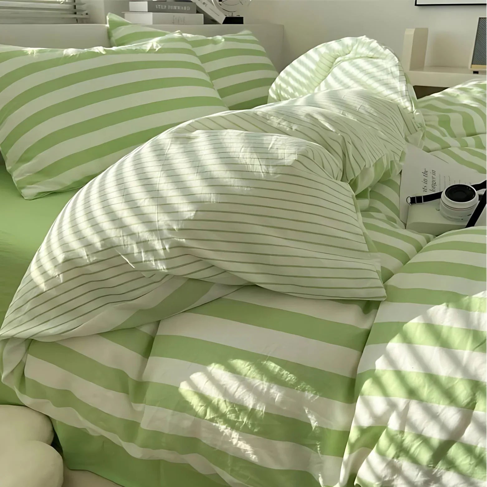Bedding Set Striped Design 220.0 cm x 240.0 cm Beige Bedroom Duvet Cover Fitted Sheet Pillowcase Hotel Style Linen | Thomler