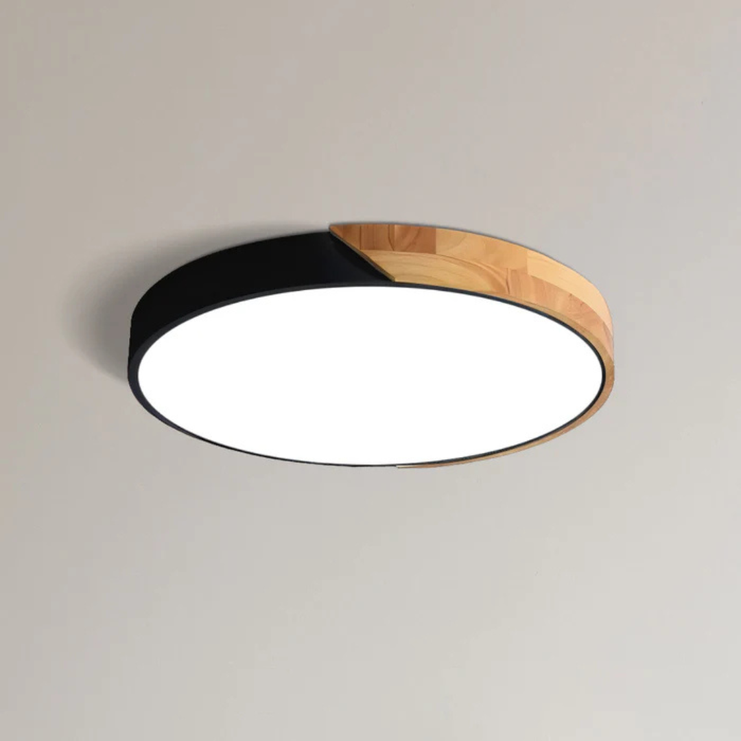 Round Wood Ceiling Light Fixture | Modern Scandinavian LED Flush Mount for Bedroom Living Room Kitchen | Thomler